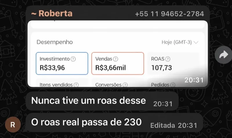 Resultado aluna Roberta ROAS 107,73